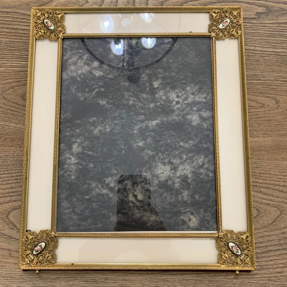 Vintage Brass Filigree Picture Frame Enamel Floral Corners Velvet Back 10x13